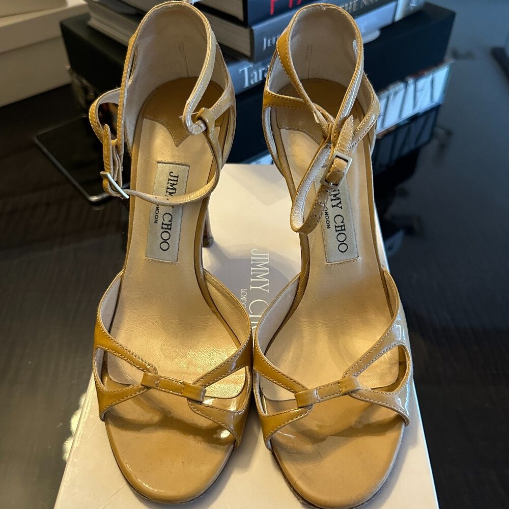 Jimmy Choo Tan Patent Leather Ankle Strap Sandals